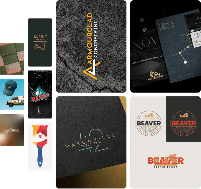 A collage of various graphic designs and logos, including "Armourclad Concrete Inc.," "Alpine Meats," "Masonville Forty-Twos," and "Beaver Custom Builds," along with images of a vehicle and promotional materials.