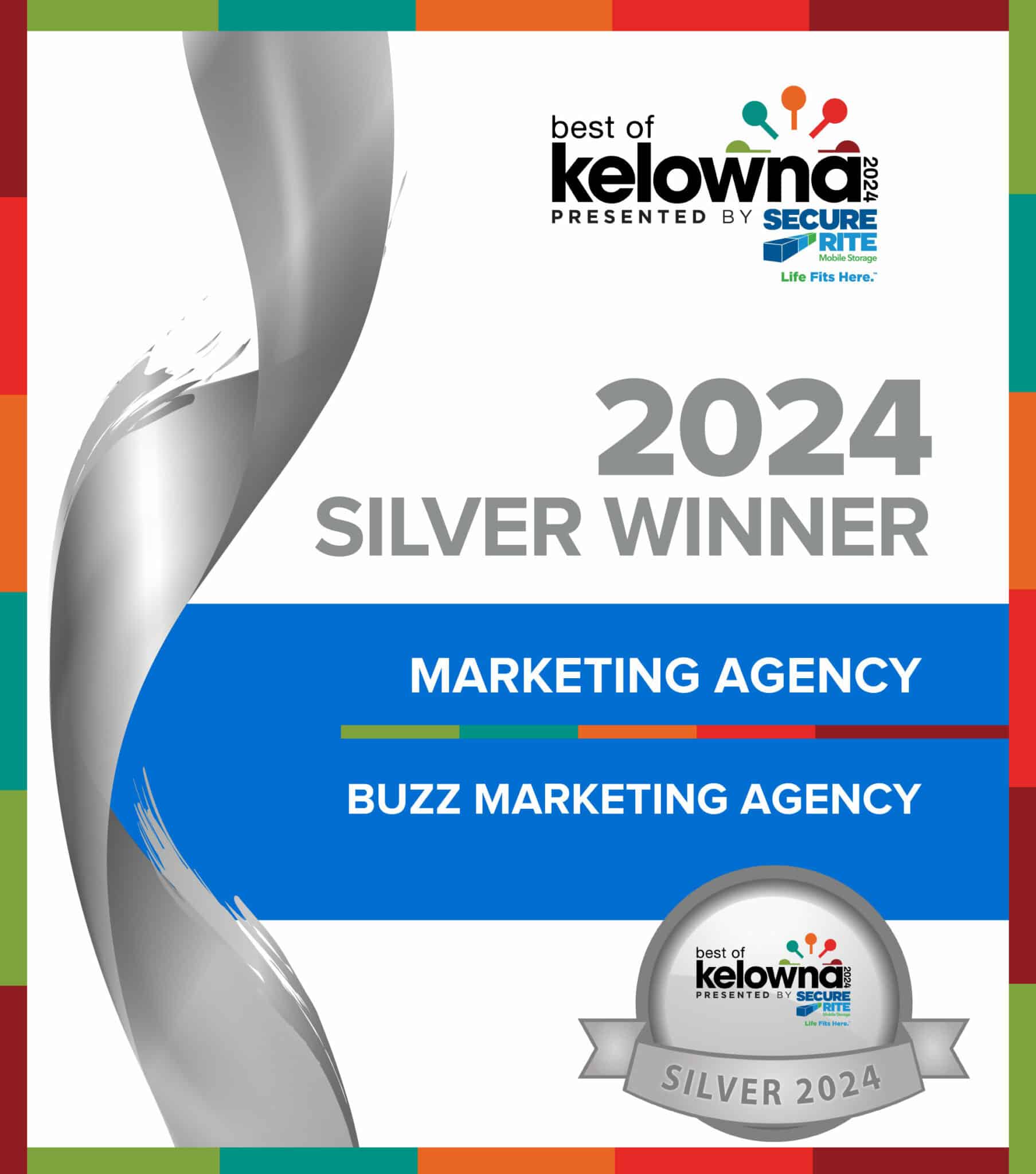 An award certificate for the "Best of Kelowna 2024," recognizing Buzz Marketing Agency as a silver winner in the marketing agency category.