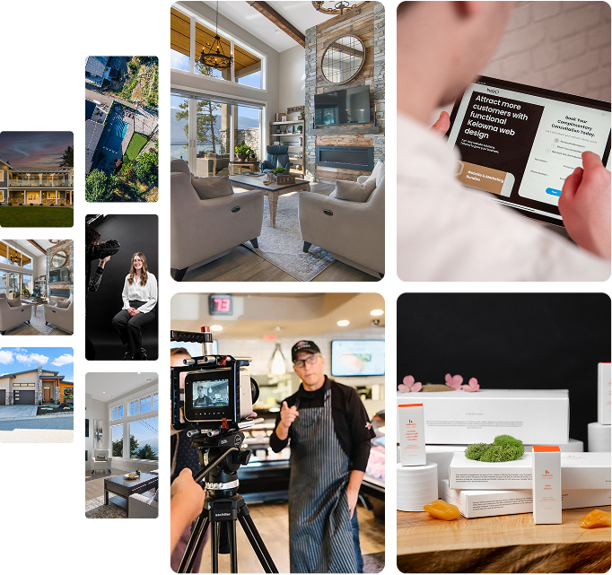 A collage featuring interior design images, a person interacting with a tablet, a video shoot with a chef, and product displays kelowna photography