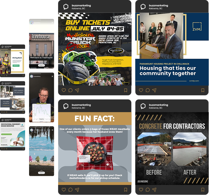 Collage of social media ads for wine tours, mental health, hockey game, and holiday dinner for Social Media Management Kelowna