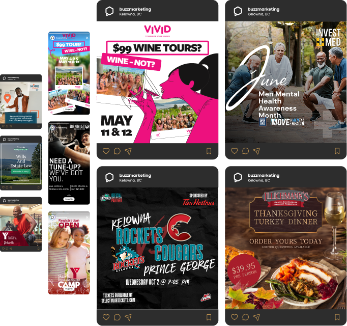 A collage of social media posts, including event promotions, community projects, fun facts, and contractor services, featuring images and text related to various marketing themes.