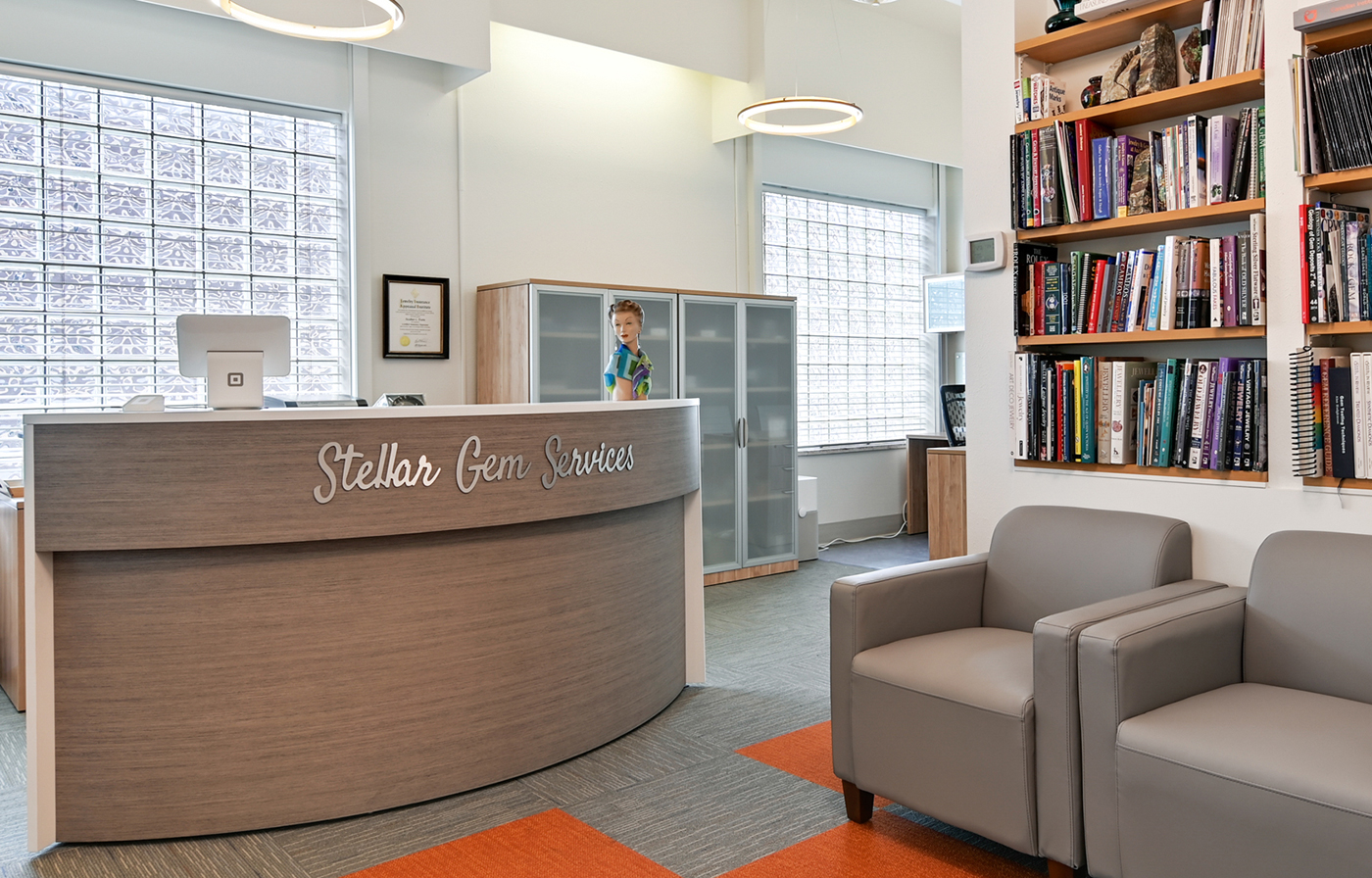 A modern reception area with a desk labeled "Stellar Gem Services," a child mannequin dressed in colorful clothing, and bookshelves filled with books. There are two gray chairs and large windows with glass blocks.