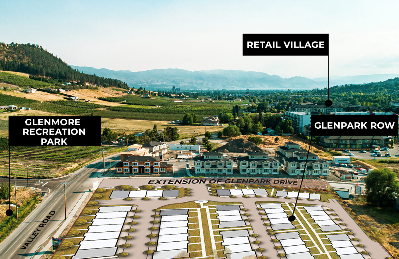 Aerial map showing Glenmore Recreation Park, Retail Village, and Glenpark Row, with an extension of Glenpark Drive and surrounding landscapes.