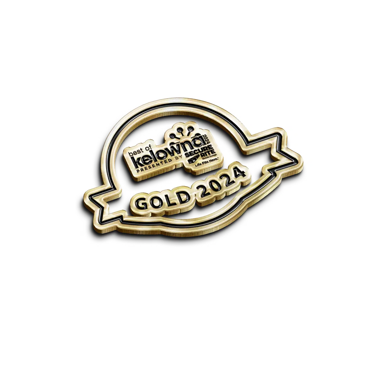 Gold 2024 pin badge showcasing the "Best of Kelowna" logo, presented by Secure Rite Award