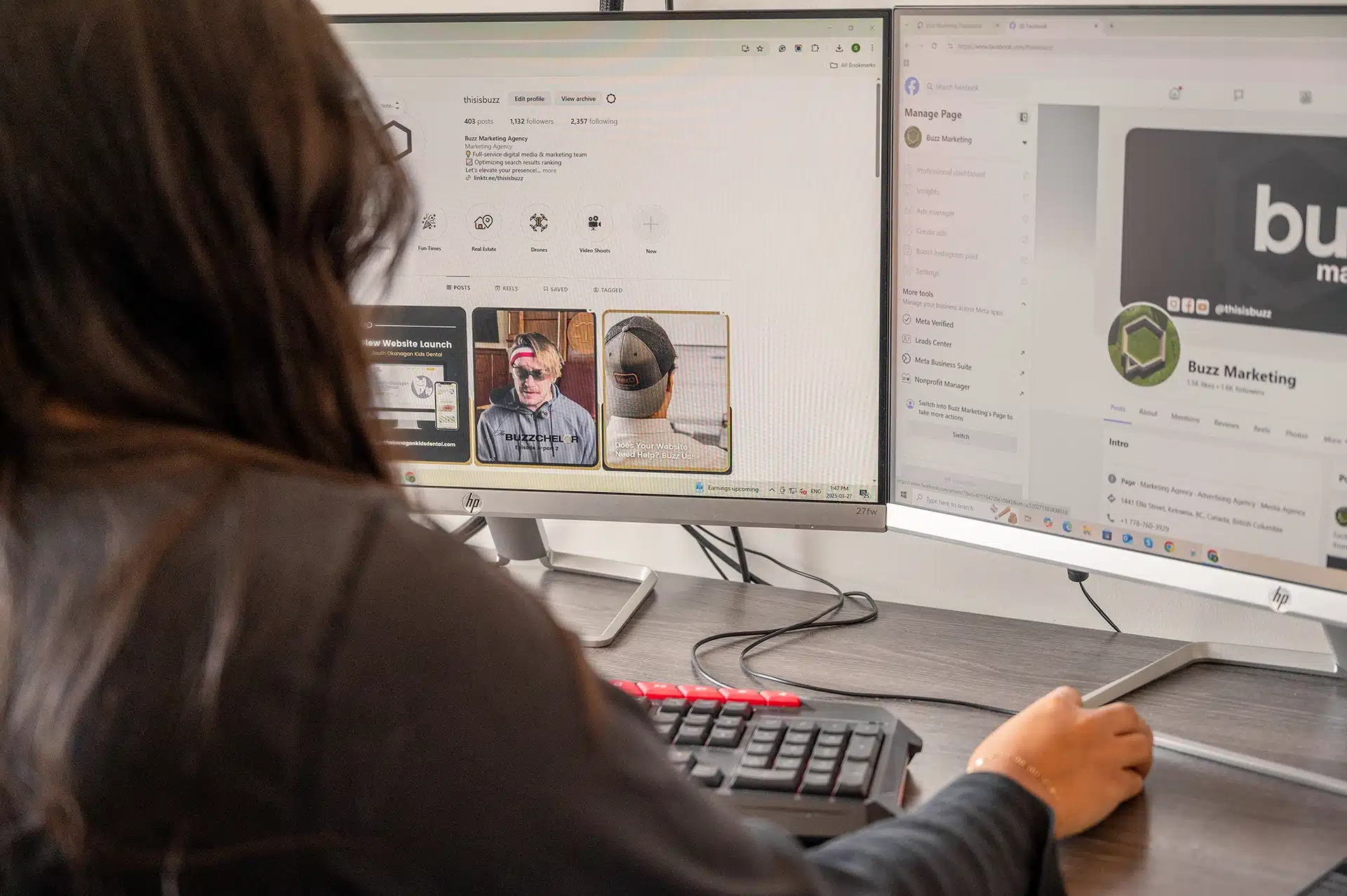 A person is viewing social media profiles on two computer monitors. One screen displays an Instagram profile for a marketing agency, while the other shows a Facebook page.