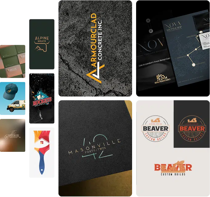 A collage of various graphic designs and logos, including "Armourclad Concrete Inc.," "Alpine Meats," "Masonville Forty-Twos," and "Beaver Custom Builds," along with images of a vehicle and promotional materials.